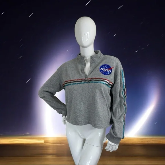 NASA metallic stripes embroidery logo cropped grey pull over light sweater XL - Picture 14 of 14
